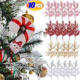 Decorative Flowers 10/5PCS Christmas Glitter Artificial Pine Branches Xmas Tree Hanging Ornament Leaves Fake Plants Flower Year Home