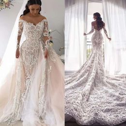 Stunningbride 2024 Gorgeous Mermaid Lace Wedding Dresses With Detachable Train Off Shoulder Bridal Gowns Long Sleeve African Bride Dresses