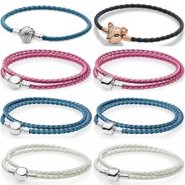 Bangles New 925 Sterling Silver Ball Barrel Rose Lioness Seashell Clasp Double Woven Leather Bracelet For Popular Bead Charm DIY Jewelry