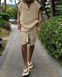 Men's Tracksuits Knit Suit Casual V-Neck Short Sleeve Plain Shirt & Shorts 2Pcs Set Fashion Streetwear Solid Jacquard Sweater Outfits