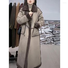 Women's Fur Faux Coat For Winter 2024 Suede Lamb Loose And Slimming Thicken Long Jacket Wool Velvet Grey