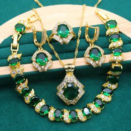 Necklace Luxurious Green Zircon Gold Colour Jewellery Sets for Women Wedding Bracelet Earrings Necklace Pendant Open Ring Dating Gift