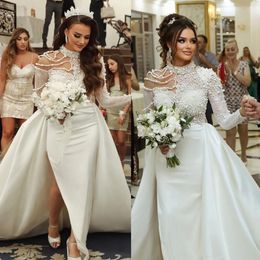 Stunningbride 2024 White Elegant Pearls Mermaid Wedding Dress High Neck Lace Full Length Arabic Split Trumpet Plus Size Bridal Gowns