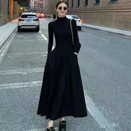 Autumn Hepburn Style Women Dress High Waist Elegant Black Midi Dress Fashion Korean Half High Collar Long Sleeve A Line Dress 240119