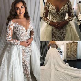 Stunningbride 2024 Sexy mermaid Wedding Dresses Crystal Beaded Lace Illusion Long Sleeve Detachable Train Bride Gowns Custom Made Wedding Gown