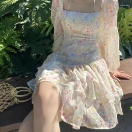 Casual Dresses Sweet Women Floral Print Chiffon Dress Long Sleeve Square Neck Female Holiday Summer Spring 2024 Short Robe