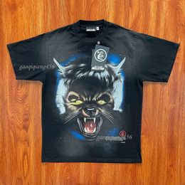 Hellstar Studios Full Moon Tee Wash Wolf Head Full Moon Printed Short-sleeved T-shirt Men and Women High Street T Shirt Rapper Heavy Craft Unisex Short Sleeve