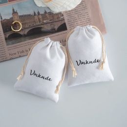 Jewellery 100 Custom Logo White Natural Cotton Gift Bags Drawstring Jewellery Packaging Pouch Handmade Wedding Party Jewellery Organiser Bag