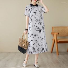 Party Dresses 2024 Arrival Ink Painting Patchwork Thin Light Soft Loose Summer Dress Fashion Women Casual Chinese Style Robes