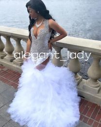 White Princess Sparkly Trumept Evening Dresses for Women Luxury Diamond Crystal Ruffles Prom Gown vestidos de gala