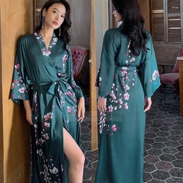 Женская одежда для сна с цветочным принтом, длинное кимоно, халат, женский халат, ночная рубашка, сексуальная свободная ночная рубашка, одежда для отдыха, весна-лето, домашняя одежда