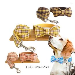 Dog Collars Yellow Cheque Dogs Colourful Gorgeous Pet Breathable Fabric Collar Traction Rope Bow Custom Name Engrave