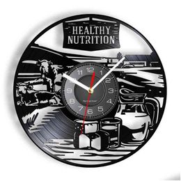 Wall Clocks Healthy Nutrition Fresh Milk Farm Sign Vintage Vinyl Record Clock Cow Barn Farmhouse Style Watch Dairy Farmer Gift H1230 Dhatd