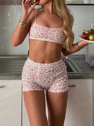 Women's Two Piece Pants Floral Print Short Set Women Outfit Sleeveless Crop Top Camis High Waist Sports Summer Suit Two Piece Set Streetwear Y2K Clothes T240129