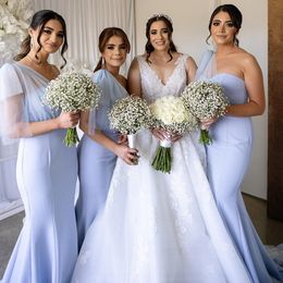 Grey Blue Bridesmaid Dresses Long Bridesmaid Dress One Shoulder Mermaid Elastic Satin Gowns For Arabic Black Women Wedding Guest's Wear NR032