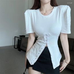 Women's T Shirts WDMSNA Puff Short Sleeve T-shirt Women Summer Slim Split T-shirts For White Top Round Neck Simple Basic Thirt Shirt Femme