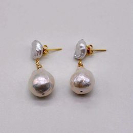 Handmade Stainless Steel White Real Baroque Pearl Earrings Dangle Double Beads Earring for Women Delicate Accessory 240123