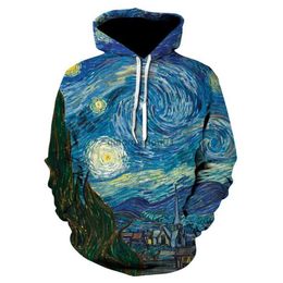 Men's Hoodies Sweatshirts Harajuku Van Gogh Oil Painting Starry Night 3D Print Hoodie Women/Men fashion hip-hop pop Sweatshirt 2021 mens hoodiesL231017