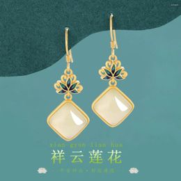 Dangle Earrings Chinese Style Lotus An Jade 925 Silver Enamel Gradual Colour Flowers Geometry For Women Party Antique Jewellery Gift