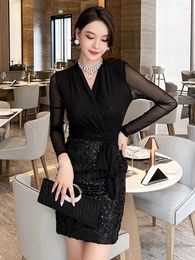 Casual Dresses Spring Elegant Sexy For Women 2024 Black Sheer Mesh Office Party Dress Bandage Sequins Flower Mini Gown Bodycon Vestidos