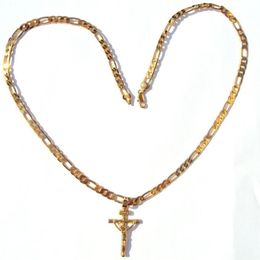 24k Solid Yellow Gold GF 6mm Italian Figaro Link Chain Necklace 24 Womens Mens Jesus Crucifix Cross Pendant262W
