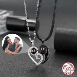 Necklaces 925 Sterling Silver Personalized Custom Photo Projection Couple Necklace For Women Love Heart Pendant Jewelry Gifts Dropshipping