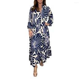 Casual Dresses Breathable Maxi Dress Vintage Print With Ninth Sleeves High Waist Button Decor Women's Ankle Length Patchwork