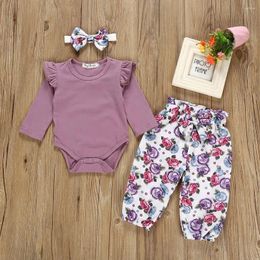 Clothing Sets Infant Baby Girls Ruffles Solid Romper Bodysuit Floral Pants Headband Outfits 6 Piece Set