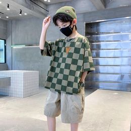 Clothing Sets Summer Fashion Teen Boys Short Sleeve Plaid T-shirt Shorts Pullover Streetwear Outfits Set With Pants For Clothes