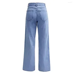 Women's Jeans Women Button Closure High Waist Wide Leg With Retro Straight Pockets Slim Fit Full Length Denim Pants For A