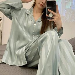 Women's Sleepwear Striped Women Lace Satin Pajama Set Silky Ice Silk For Long Sleeve Homewear Shirt Spring