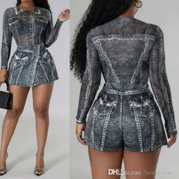 Womens Spring Designer New Style Imitation Denim Printed Mesh Jumpsuit Half Skirt Two-piece Set 2 Colours