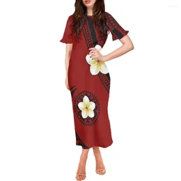 Party Dresses Red Plumeria Print Dress Samoan Tribal Retro Pattern Design Clothing Summer Lotus Leaf Short-Sleeved Round Neck Long