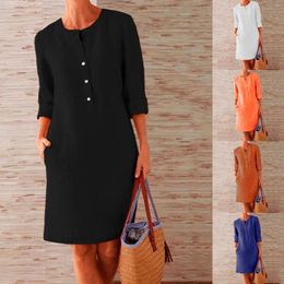 Casual Dresses 2024 Women Soild Long Sleeve Cotton And Linen Tunic Dress Vintage Straight Oversized Mini