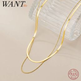 Necklace Wantme Sterling Sier Bohemian Double Snake Bone Glossy Bead Chain Necklace for Women Fashion Fine Gold Party Jewellery Gift