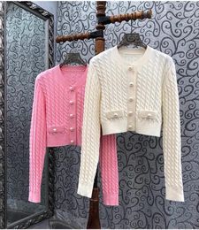 Women's Knits Sweater Cardigans 2024 Spring Fashion Cardigan Coats High Quality Ladies Twist Knitting Pearl Beading Button Beige Pink Tops