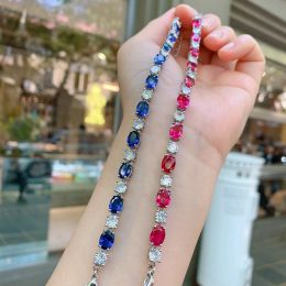 Bracelets 2023 new S925 Sterling Silver Luxury Retro Strand Bracelet Ruby Tanzanite Blue Gemstone Women Jewellery Vintage Anniversary Gift