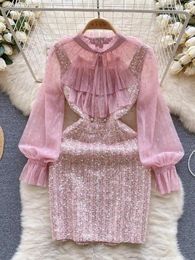 Casual Dresses 2024 Fashion Sequins Sparkling Short Dress Women's Sweet Bow Collar Petal Sleeve Mesh Lace Stitching Plaid Tweed Vestidos