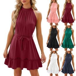 Casual Dresses Women's Solid Colour Round Neck Sleeveless Halter Tie Dress S Size Summer Waist Midi For Women