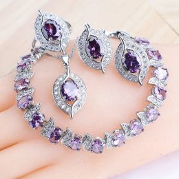 Bangle Purple Zircon Sier Jewellery Sets Bridal Earrings Charms Bracelets for Women Ring Pendant Necklace Set Wedding Jewellery