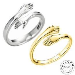 Rings 2pcs Goodlooking Resizable Sterling Sier Ring Gold Plated Hands Hug Shape Rings Trendy Jewellery Loop for Men Women Kofo