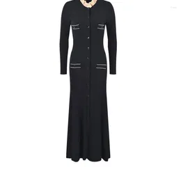 Casual Dresses Chic French Style Women Ruffled Collar Long Sleeve High Slit Full Length Slim Knitting Dress