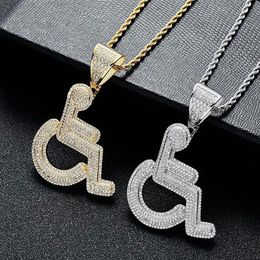 14K Gold Icy Wheelchair Disability Logo Pendant Handicapped Sign Necklace Copper Cubic Zircon Jewellery For Men Women gifts179w