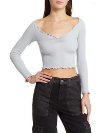 Women's Tanks Spring Fitted Crop Tops Long Sleeve V Neck Ribbed Knit Ruffle Slim T-shirt