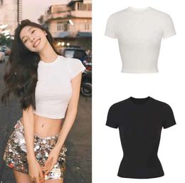 Basic Fitted Short Sleeve Tees for Women Solid Colour Skims Dupes Shirt Y2k Skinny Crop Tops Summer Going Out Workout Clothing High quality