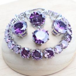 Bangle 925 Sterling Silver Jewelry Sets Bridal Earrings Rings Pendant Necklace Purple Zircon Bracelets Set For Wedding Women Jewellery