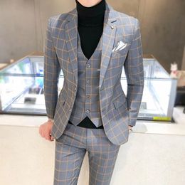 Men Dress Blazers Pants Vest 3 Piece Set Male Wedding 2023 Autumn Business Formal Plaid Suit Luxury Slim Fit Coat Trousers 240125