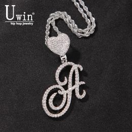 Necklaces Uwin Cursive Letters With Heart Bail Brush Cubic Zirconia Intial Name Necklace Jewelry Charm Hip Hop Drop Shipping