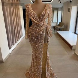 Long Sparkly Evening Dresses 2021 Long Sleeves Sexy High Slit deep V-neck Mermaid Rose ruched Gold Sequined Dubai Women Formal Gow243d