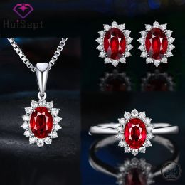 Necklaces HuiSept Elegant Silver 925 Earrings Jewellery Set Oval Shape Sapphire Zircon Gemstone Pendant Necklace Open Ring for Women Wedding